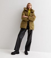New Look Khaki Triangle Quilted Mid Length Hooded Puffer Jacket